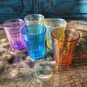 Vintage Mid Century Shot Glasses Rainbow Colored Ribbed Panel Clear Glass Set 5